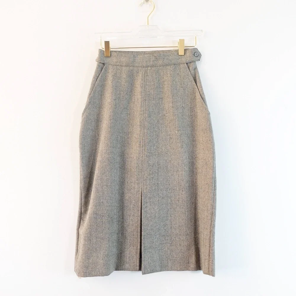 1960s Vintage Chevron Skirt XS Gray Pleated Edwardian Front‎ Slit Secretary Long